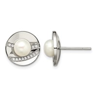 Chisel Stainless Steel Polished CZ and Freshwater Cultured Pearl Post Earrings view 1