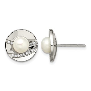 Chisel Stainless Steel Polished CZ and Freshwater Cultured Pearl Post Earrings