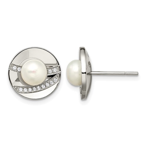 Chisel Stainless Steel Polished CZ and Freshwater Cultured Pearl Post Earrings