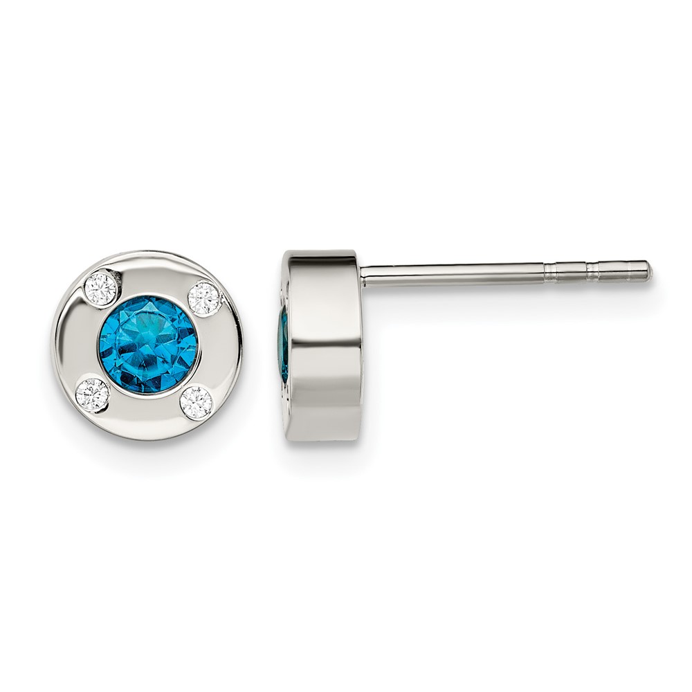 Chisel Stainless Steel Polished Blue and Clear CZ Post Earrings
