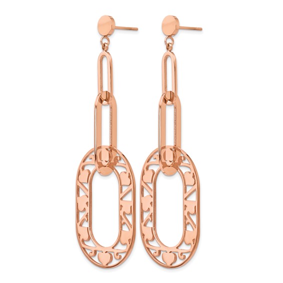 Stainless Steel Polished Rose IP-Plated Heart Post Dangle Earrings