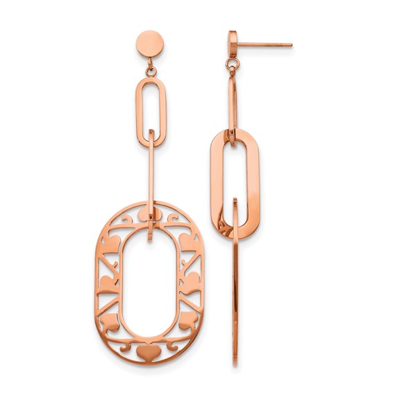 Stainless Steel Polished Rose IP-Plated Heart Post Dangle Earrings