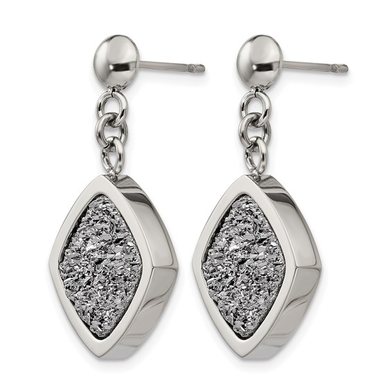 Stainless Steel Polished with Silver Druzy Post Dangle Earrings