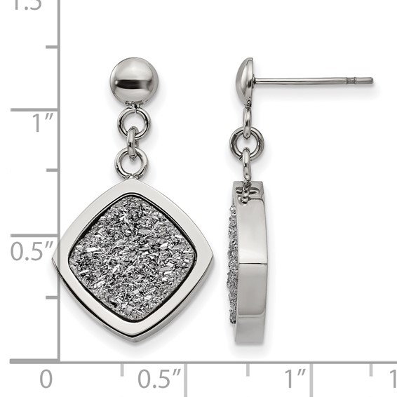 Stainless Steel Polished with Silver Druzy Post Dangle Earrings
