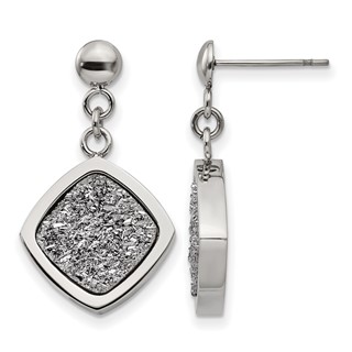 Stainless Steel Polished with Silver Druzy Post Dangle Earrings