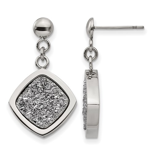 Stainless Steel Polished Earrings with Silver Druzy Post Dangle