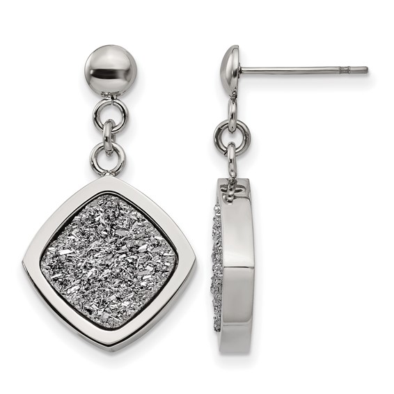 Stainless Steel Polished with Silver Druzy Post Dangle Earrings