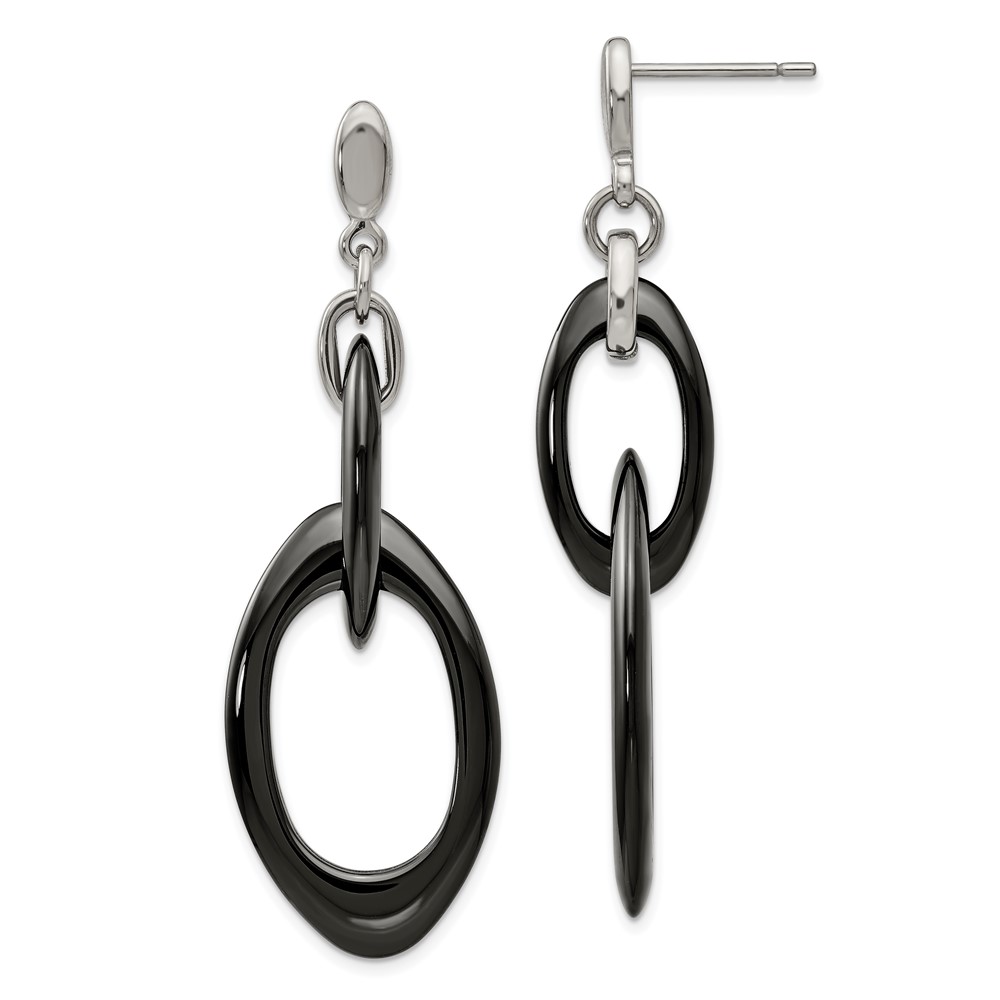 Stainless Steel Polished w/Black Ceramic Post Dangle Earrings