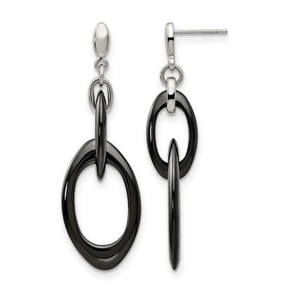 Chisel Stainless Steel Polished with Black Ceramic Post Dangle Earrings
