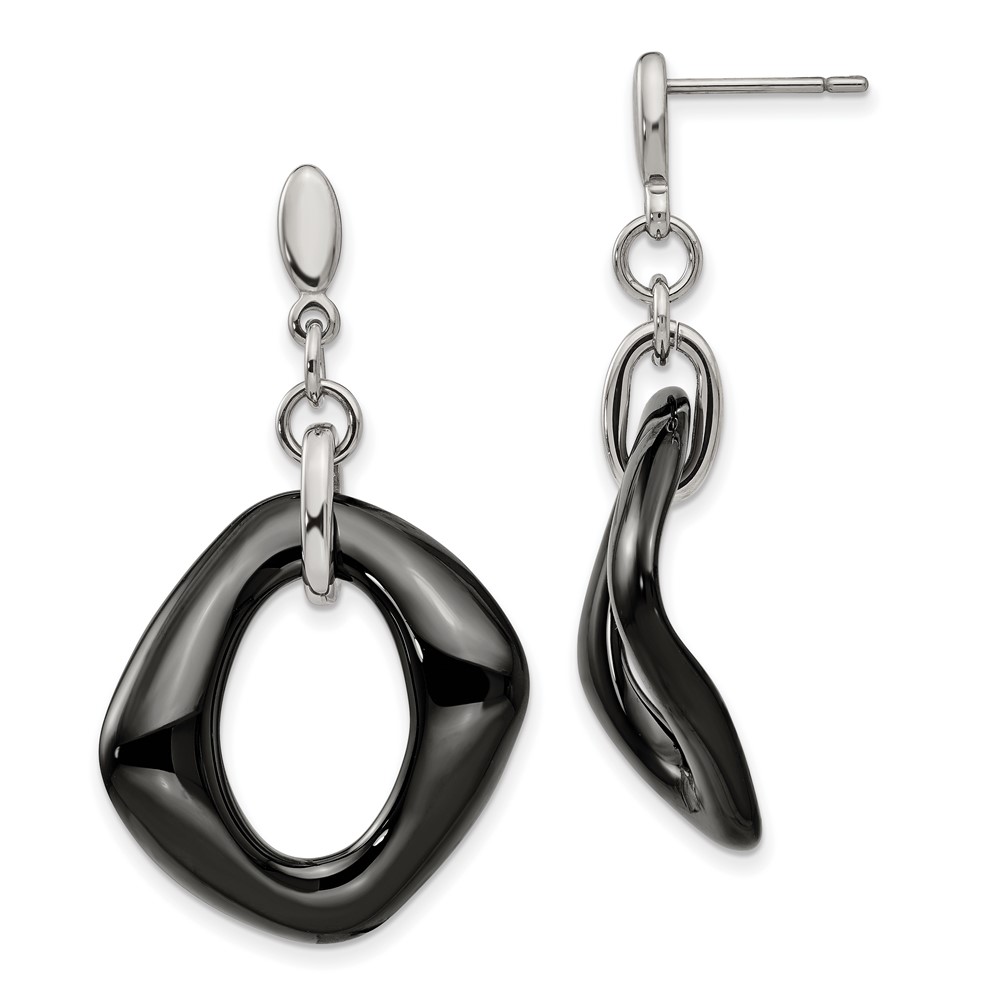 Stainless Steel Polished w/Black Ceramic Post Dangle Earrings