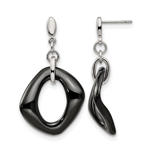 Chisel Stainless Steel Polished Earrings with Black Ceramic Post Dangle