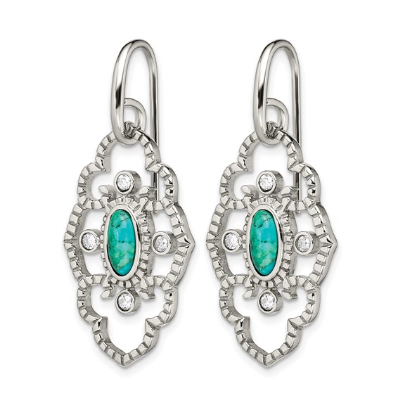 Chisel Stainless Steel Polished Imitation Turquoise and CZ Dangle Shepherd Hook Earrings