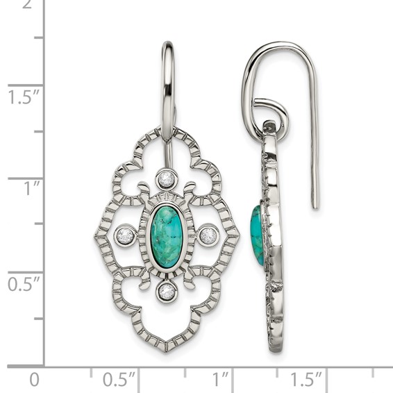Chisel Stainless Steel Polished Imitation Turquoise and CZ Dangle Shepherd Hook Earrings