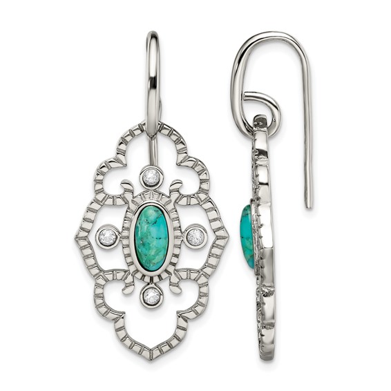 Chisel Stainless Steel Polished Imitation Turquoise and CZ Dangle Shepherd Hook Earrings