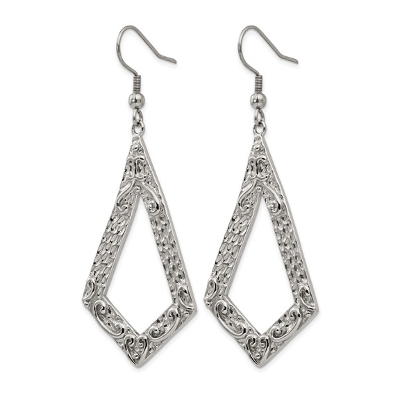 Stainless Steel Polished Textured Ornate Geometric Dangle Earrings