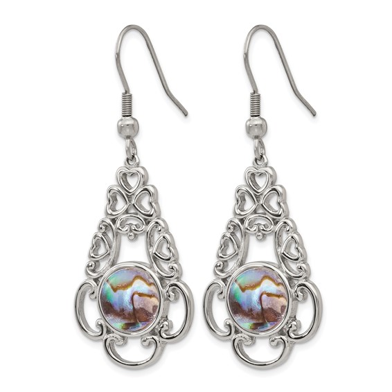 Chisel Stainless Steel Polished Filigree Imitation Abalone and Glass Dangle Shepherd Hook Earrings