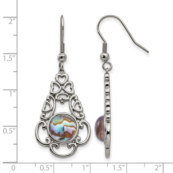Chisel Stainless Steel Polished Filigree Imitation Abalone and Glass Dangle Shepherd Hook Earrings