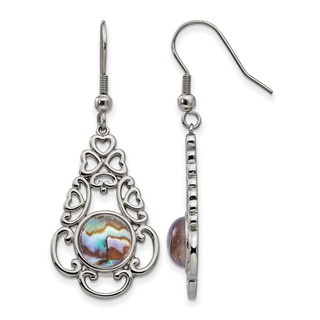 Chisel Stainless Steel Polished Filigree Imitation Abalone and Glass Dangle Shepherd Hook Earrings