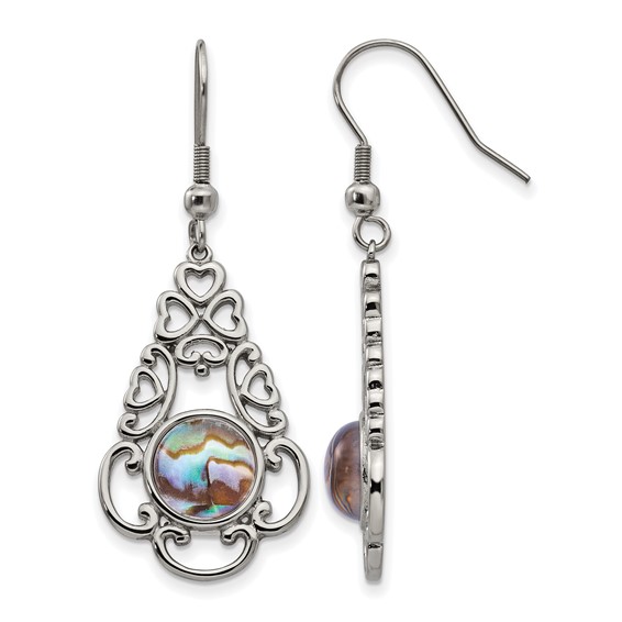 Chisel Stainless Steel Polished Filigree Imitation Abalone and Glass Dangle Shepherd Hook Earrings