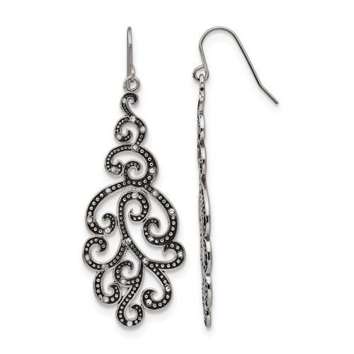 Chisel Stainless Steel Antiqued and Polished Earrings with Crystal Shepherd Hook