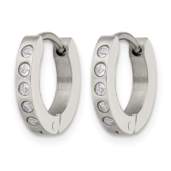 Chisel Stainless Steel Brushed and Polished with CZ 2mm Hinged Hoop Earrings