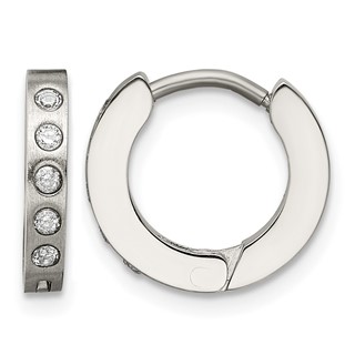 Chisel Stainless Steel Brushed and Polished with CZ 2mm Hinged Hoop Earrings