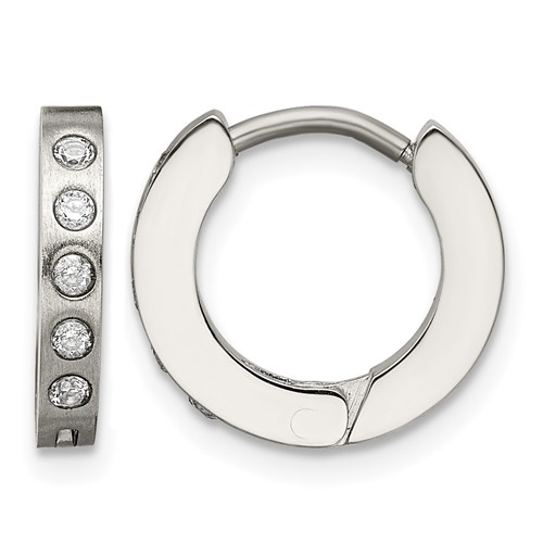 Chisel Stainless Steel Brushed and Polished Earrings with CZ 2mm Hinged Hoop