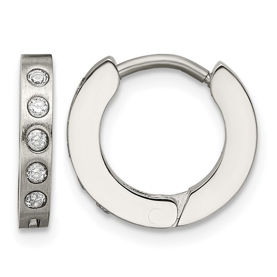Chisel Stainless Steel Brushed and Polished with CZ 2mm Hinged Hoop Earrings