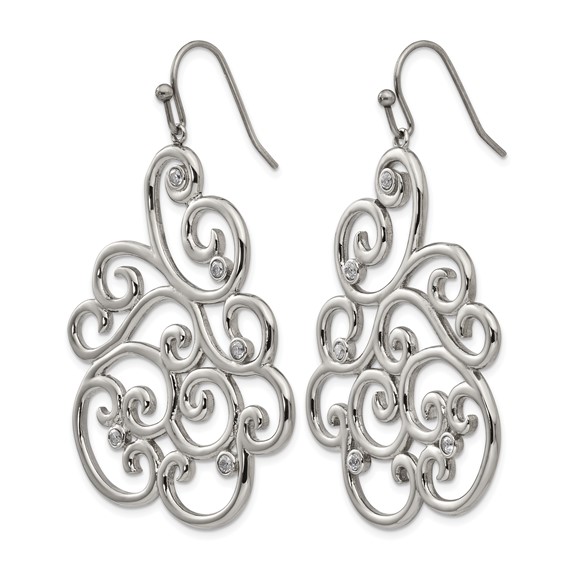 Chisel Stainless Steel Polished Filigree CZ Dangle Shepherd Hook Earrings