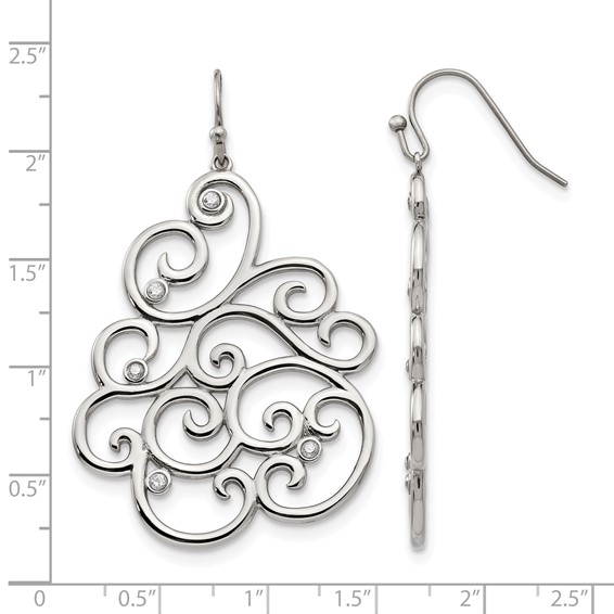Chisel Stainless Steel Polished Filigree CZ Dangle Shepherd Hook Earrings