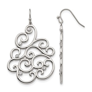 Chisel Stainless Steel Polished Filigree CZ Dangle Shepherd Hook Earrings