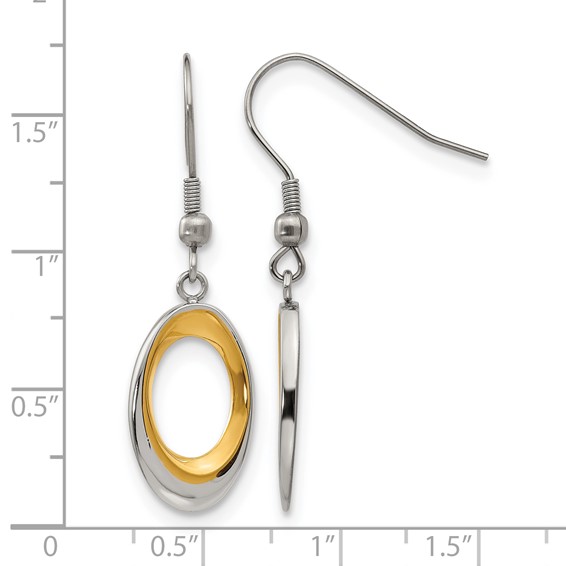 Stainless Steel Polished Yellow IP Oval Dangle Shepherd Hook Earrings