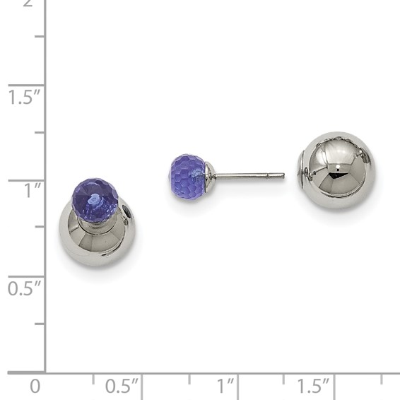 Stainless Steel Polished Ball w/Blue Glass Reversible Ball Post Earrings