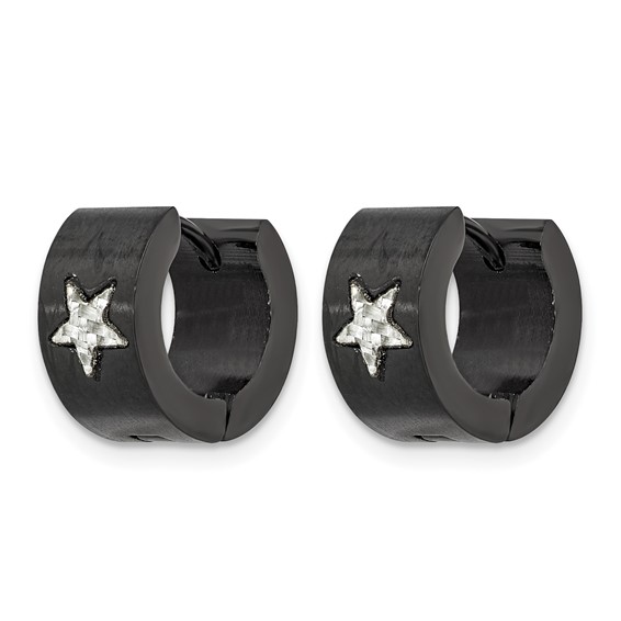 Chisel Stainless Steel Brushed Black IP-plated with Grey Carbon Fiber Star Hinged Hoop Earrings
