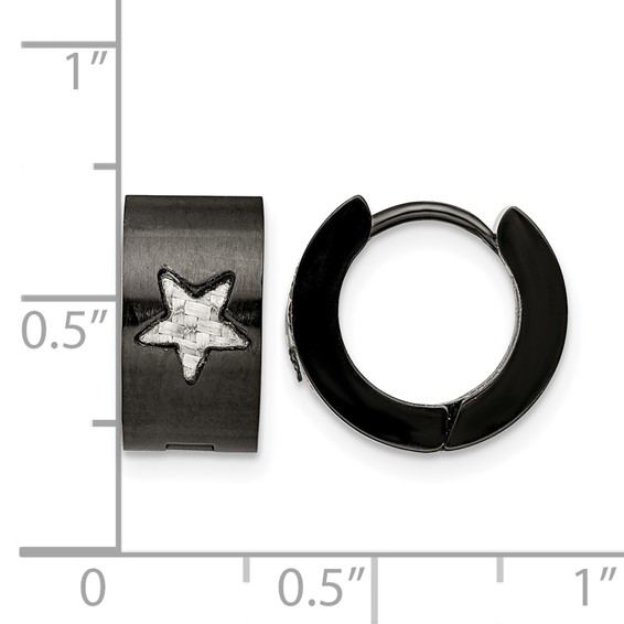 Chisel Stainless Steel Brushed Black IP-plated with Grey Carbon Fiber Star Hinged Hoop Earrings