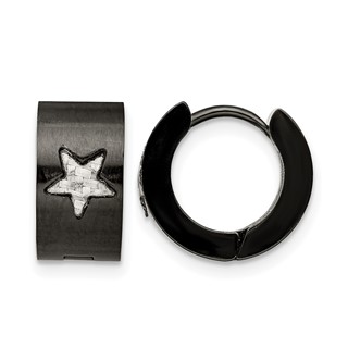 Chisel Stainless Steel Brushed Black IP-plated with Grey Carbon Fiber Star Hinged Hoop Earrings