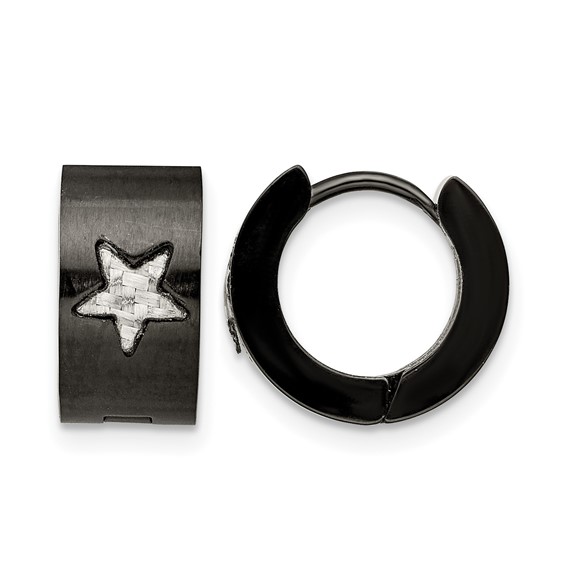 Chisel Stainless Steel Brushed Black IP-plated with Grey Carbon Fiber Star Hinged Hoop Earrings