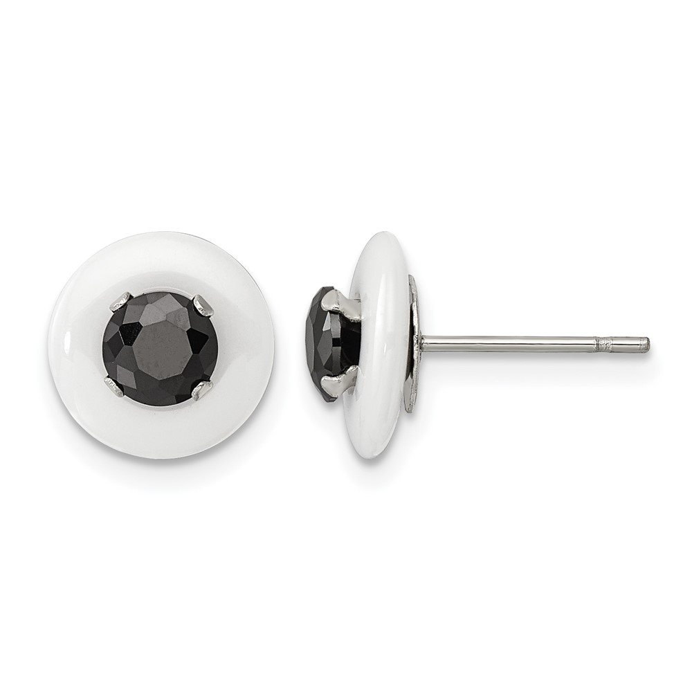 Chisel Stainless Steel Polished White Ceramic Earrings with Black CZ Post