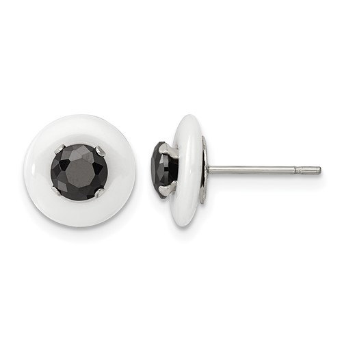 Chisel Stainless Steel Polished White Ceramic Earrings with Black CZ Post