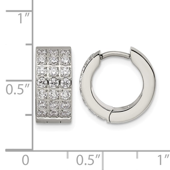 Chisel Stainless Steel Polished with 3 Rows of CZ 2.4mm Hinged Hoop Earrings