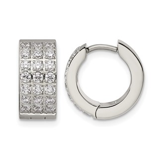 Chisel Stainless Steel Polished with 3 Rows of CZ 2.4mm Hinged Hoop Earrings