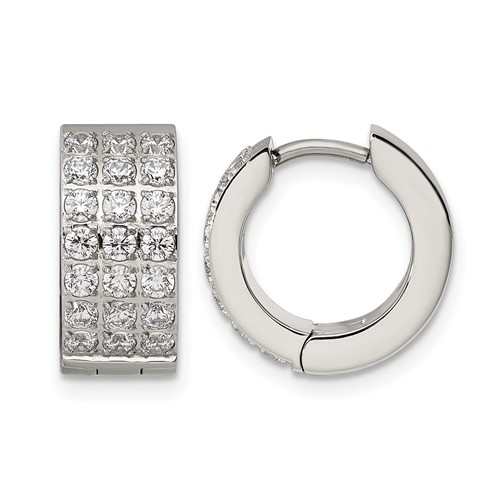 Chisel Stainless Steel Polished Earrings with 3 Rows of CZ 2.4mm Hinged Hoop