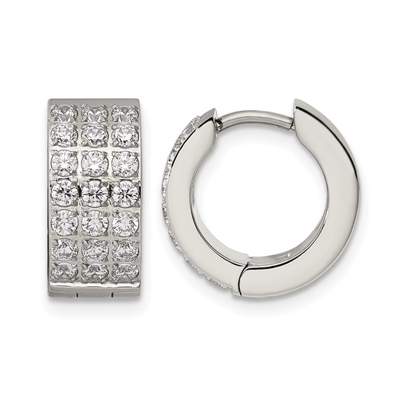 Chisel Stainless Steel Polished with 3 Rows of CZ 2.4mm Hinged Hoop Earrings