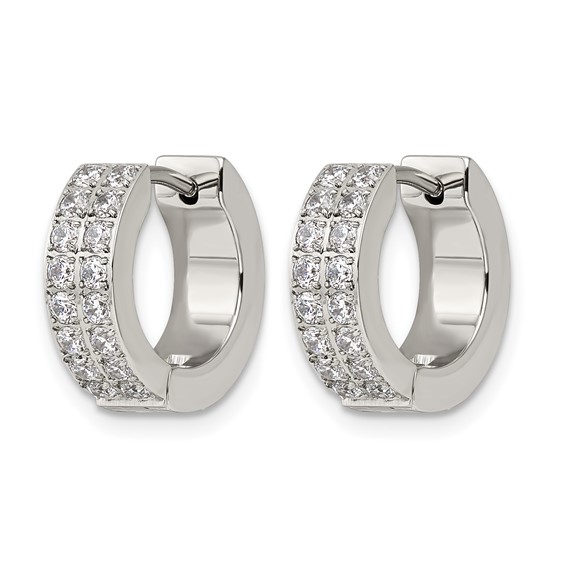 Chisel Stainless Steel Polished with 2 Rows of CZ 2.3mm Hinged Hoop Earrings
