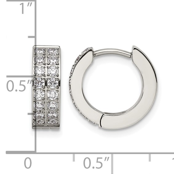 Chisel Stainless Steel Polished with 2 Rows of CZ 2.3mm Hinged Hoop Earrings
