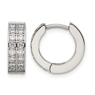 Chisel Stainless Steel Polished with 2 Rows of CZ 2.3mm Hinged Hoop Earrings