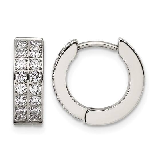 Chisel Stainless Steel Polished with 2 Rows of CZ 2.3mm Hinged Hoop Earrings