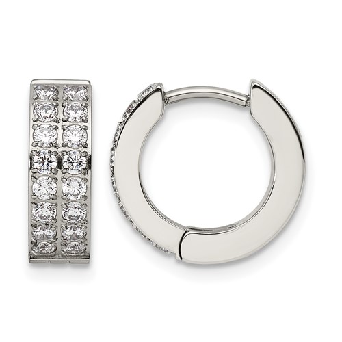 Chisel Stainless Steel Polished Earrings with 2 Rows of CZ 2.3mm Hinged Hoop