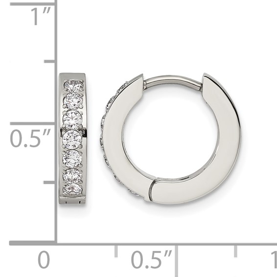 Chisel Stainless Steel Polished with 1 Row of CZ 2.3mm Hinged Hoop Earrings