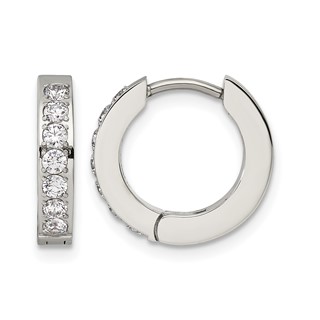 Chisel Stainless Steel Polished with 1 Row of CZ 2.3mm Hinged Hoop Earrings